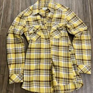 Tunic length,yellow, blue and brown flannel shirt.